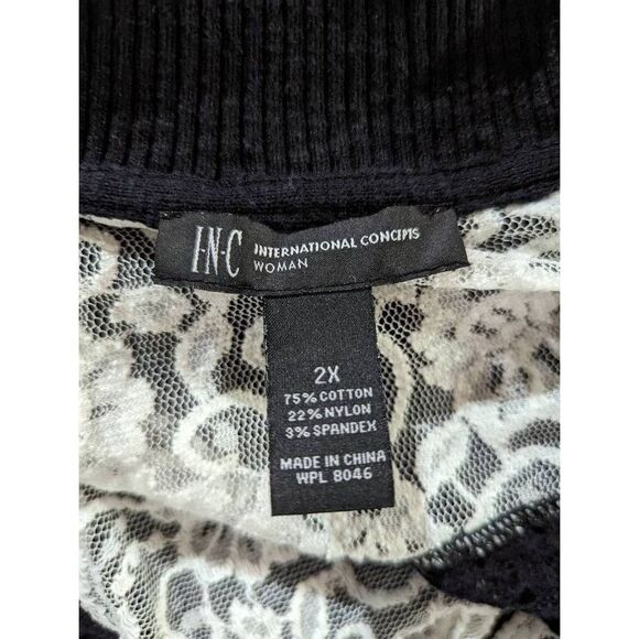 INC Women's Black White Zip Front Floral Lace Striped Sheer Jacket Size 2X - Picture 5 of 5